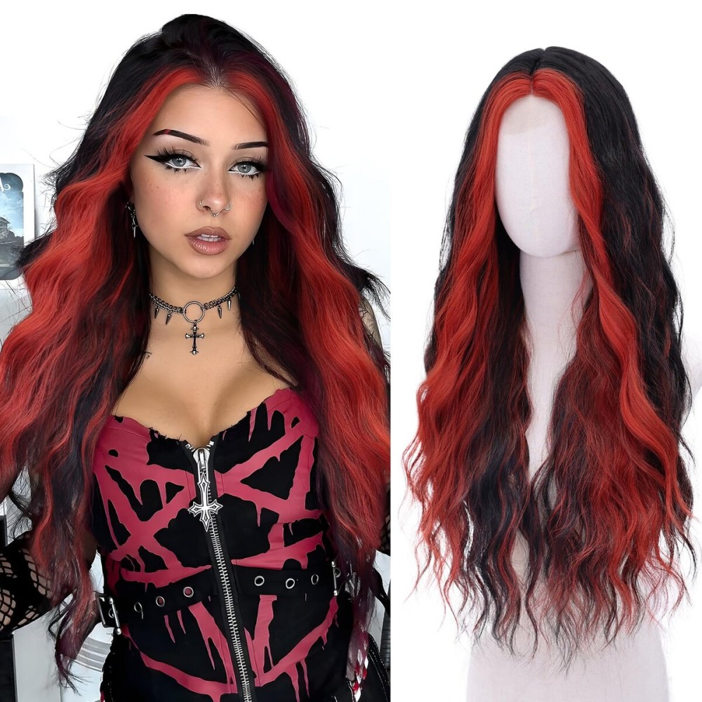Red and Black Wig-Long Wavy Black and Red Synthetic Wig Heat Resistant Fiber Wigs for Daily Party Halloween Cosplay