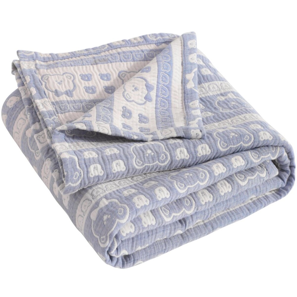 NTBAY 3 Layer Oversized Muslin Cotton Toddler Blanket, Jacquard Reversible Nursery Bed Blanket, Super Soft and Thermal for All Seasons, Baby Gift, 45x60, Blue Bear