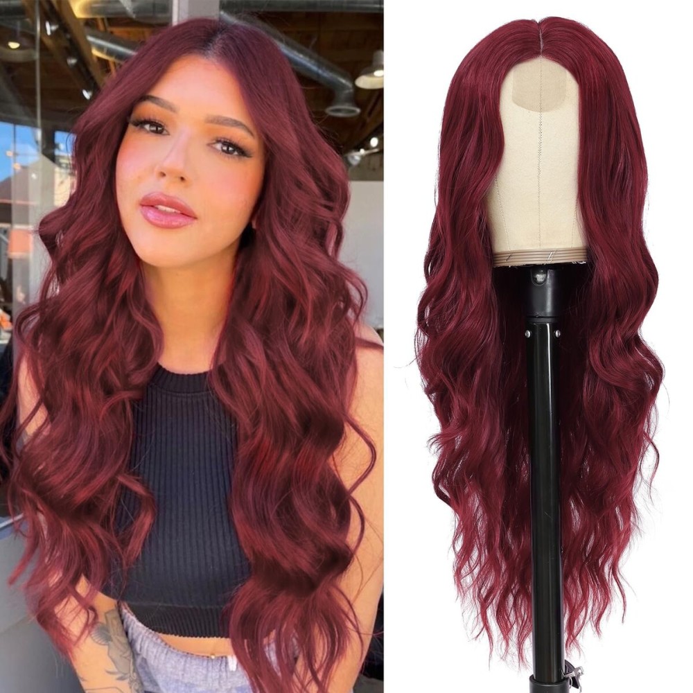 NAYOO Long Wine Red Wavy Wig for Women 26 Inch Middle Part Curly Wavy Wig Natural Looking Synthetic Heat Resistant Fiber for Use (Wine Red)