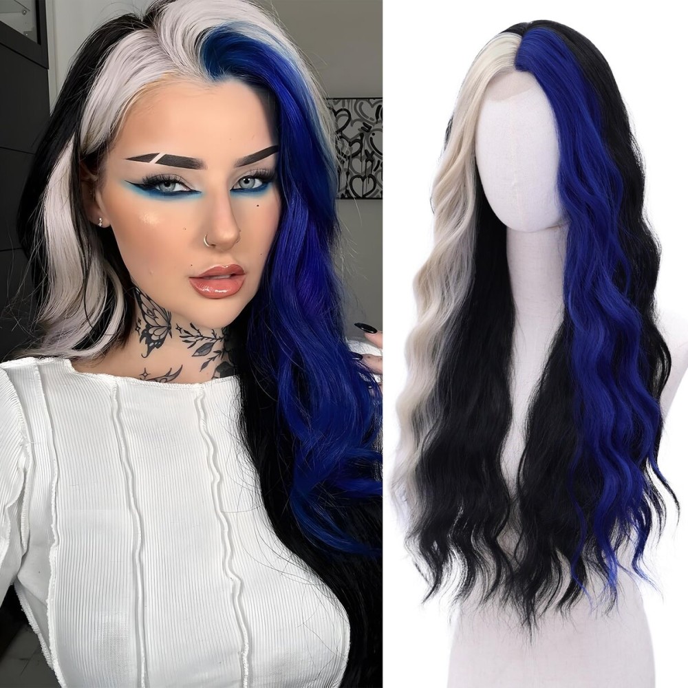 Black Blue Wig - Blue Platinum Blonde Highlight Wigs-Long Synthetic Wig Heat Resistant Fiber Wigs for Daily Party Halloween Cosplay