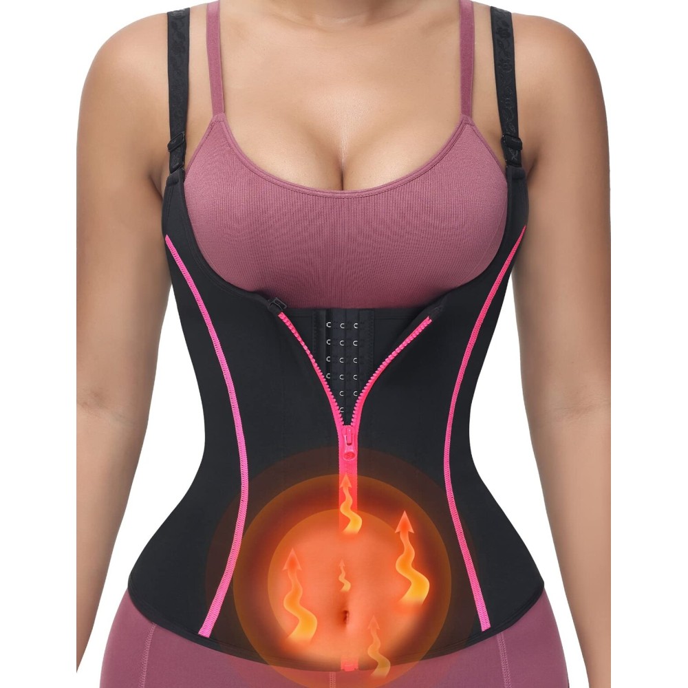 YADIFEN Waist Trainer Vest for Women,Zipper Corset Body Shaper for Tummy Control Neoprene Cincher Tank Top with Straps (Black-Pink, XS)