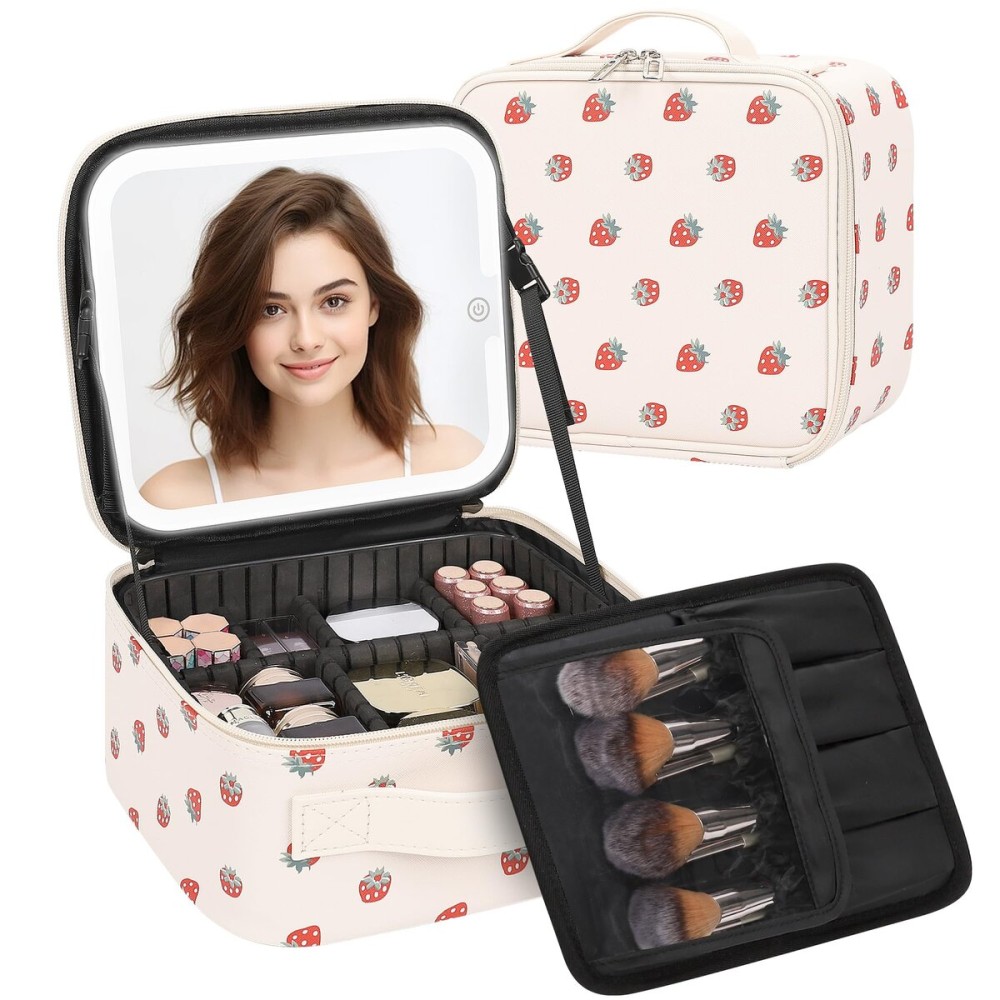 TANTO Makeup Bag With LED Mirror, Travel Makeup Case with Light up Mirror Fashion Cute Cosmetic Bag with 3 Color Lighted Portable Organizer Case with Adjustable Dividers Strawberry/Beige,Small