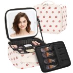 TANTO Makeup Bag With LED Mirror, Travel Makeup Case with Light up Mirror Fashion Cute Cosmetic Bag with 3 Color Lighted Portable Organizer Case with Adjustable Dividers Strawberry/Beige,Small