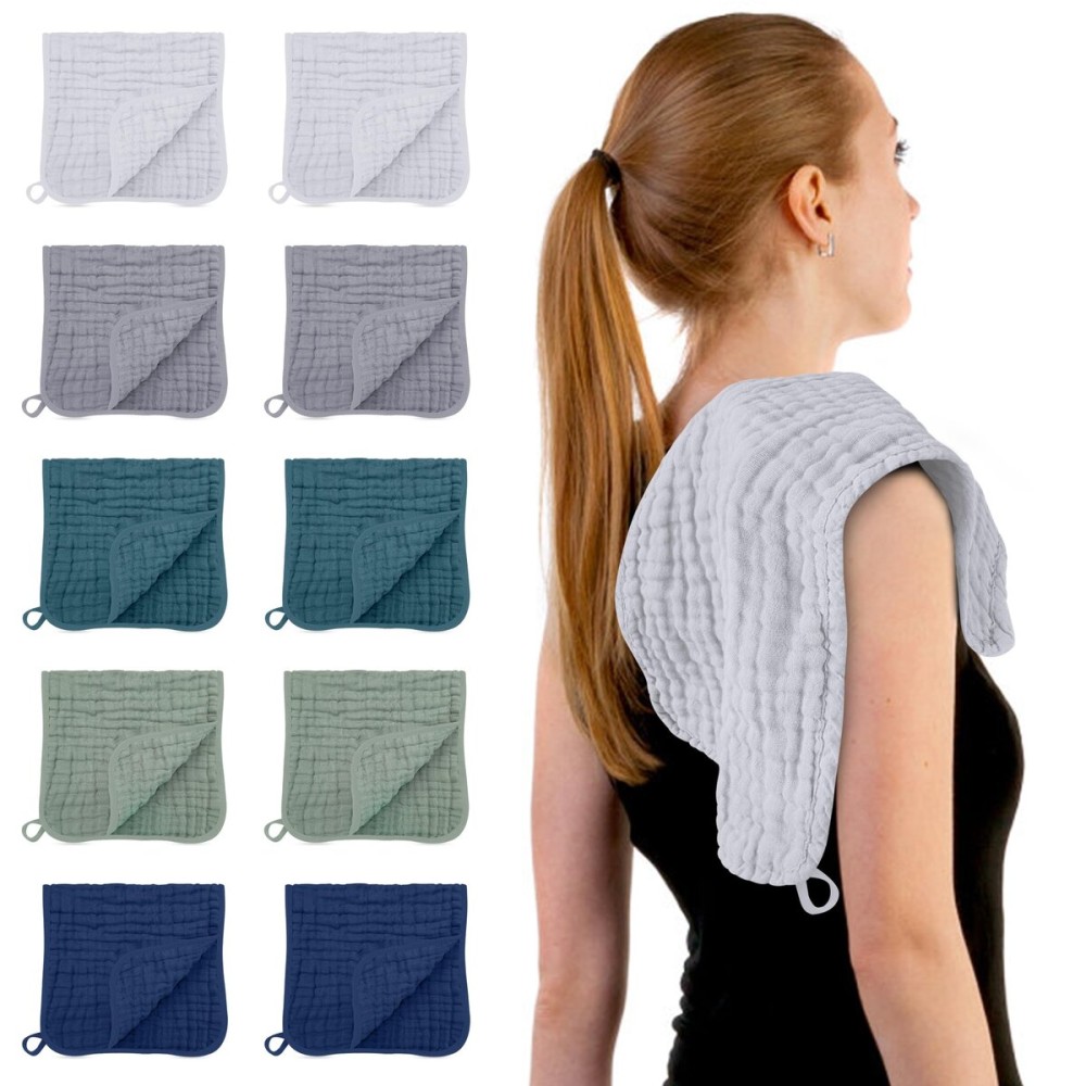 HIPHOP PANDA Muslin Burp Cloths, 10 Pack - Large 20 X10 - Ultra Absorbent and Soft 100% Cotton Baby Essentials Drool Rags and Messes for Newborn - Colorful Designs for Boy Girl, Gray Navy Fusion