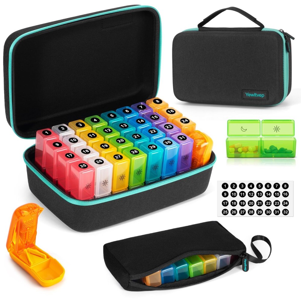 Monthly Pill Organizer 2 Times a Day with Weekly Pill Bag, 30 Day Pill Organizer 2 Times a Day with Large 32 Compartments, Monthly Stickers, Pill Cutter, Hard Travel Case Medicine Vitamins Case