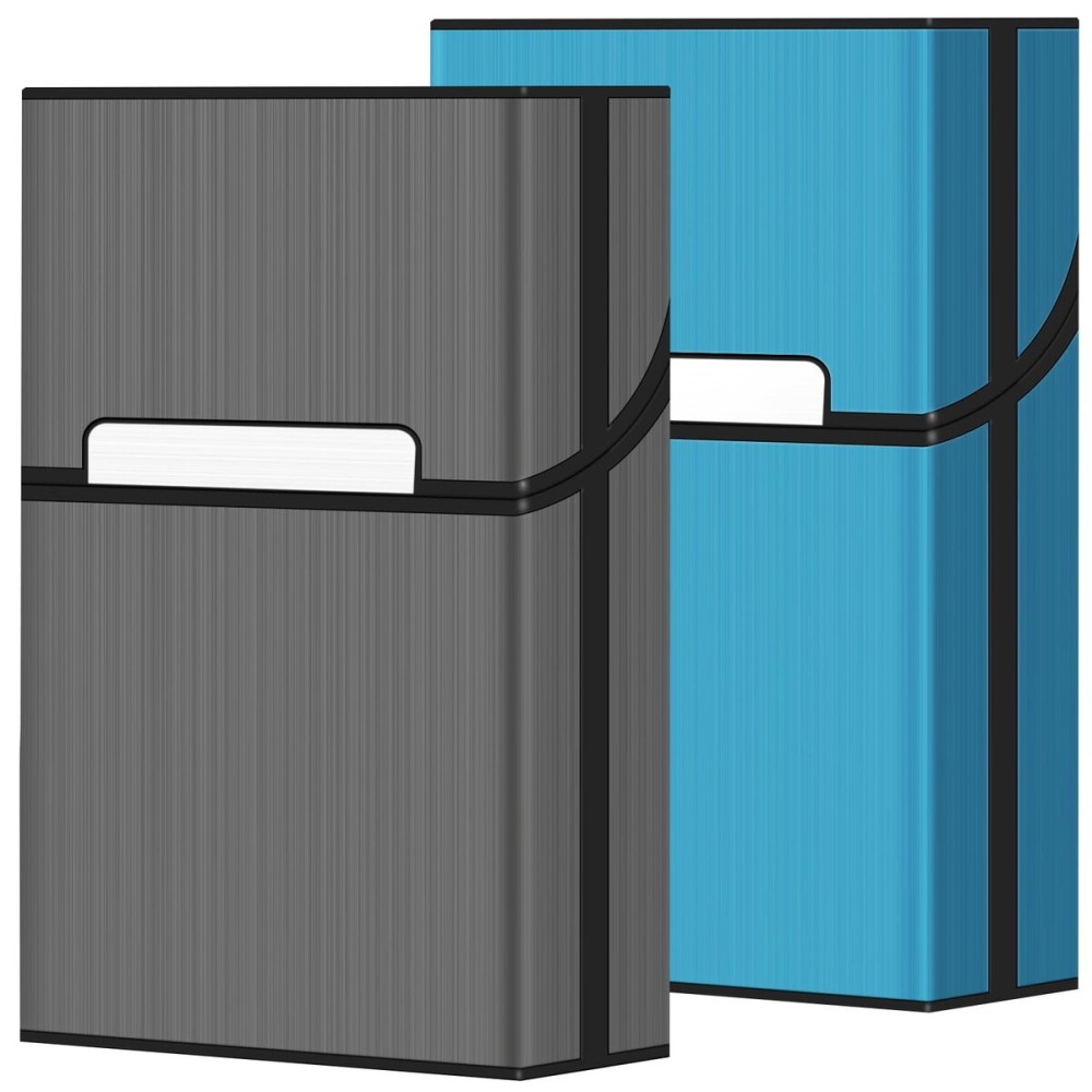 roygra Cigarette Case (2 Pack), Magnetic Switch 20pcs Cigarette Holder Case for Men Women, Cigarettes Smoking Accessories, Metal and Plastic Box for Smoke (Grey + Blue, 85mm King Size)