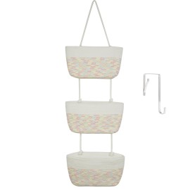 TeoKJ 3-Tier Woven Cotton Wall-Mounted Hanging Storage Baskets, Over the Door Organizer Bin for Kids Room, Bathroom, Bedroom, Kitchen, White & Rainbow Stitching