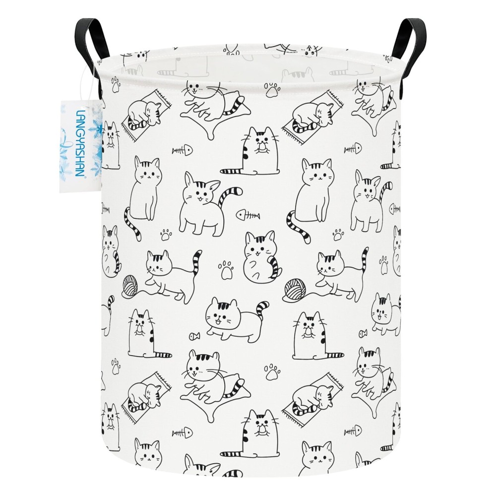 LANGYASHAN Laundry Basket Canvas Fabric Collapsible Organizer Basket for Storage Bin Toy Bins Gift Baskets Bedroom Clothes Children Nursery Hamper (Cat)