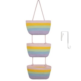 TeoKJ Over the Door Organizer, 3-Tier Woven Cotton Hanging Storage Baskets, Wall-Mounted Baskets for Nursery Organization, Rainbow