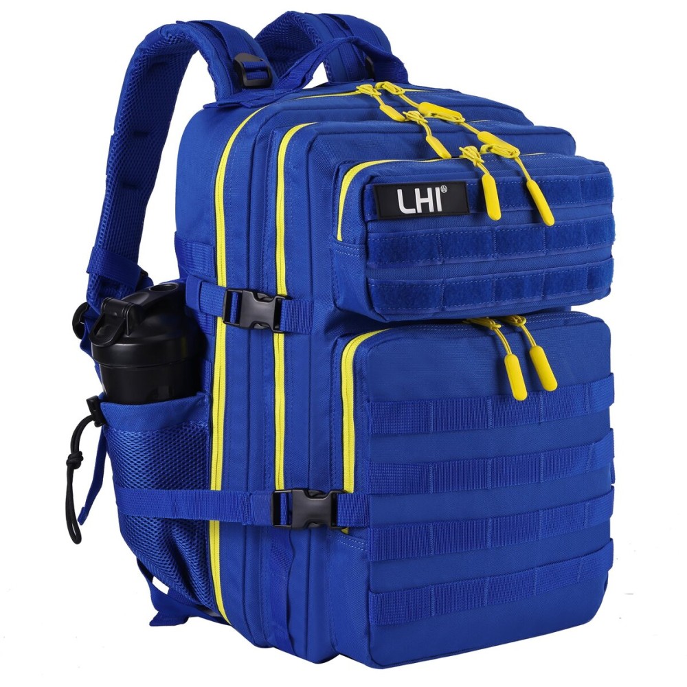 LHI Military Tactical Backpack for Men and Women 45L Army 3 Days Assault Pack Bag Large Rucksack with Molle System - Blue with yellow zipper