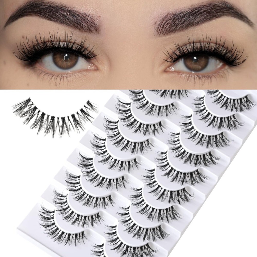 FARRED Cat Eye Lashes Natural False Eyelashes Wispy Mink Eye Lash Fluffy Wispies Eyelash Natural Look 10 Pairs Clear Band Fake Lashes Pack Volume Lash Strips Pestaas (Z10|8-14MM)
