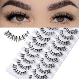 FARRED Cat Eye Lashes Natural False Eyelashes Wispy Mink Eye Lash Fluffy Wispies Eyelash Natural Look 10 Pairs Clear Band Fake Lashes Pack Volume Lash Strips Pestaas (Z10|8-14MM)