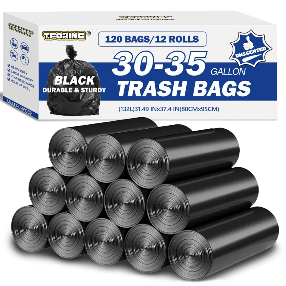 30-35 Gallon Black Trash Bags 120 Count - 32 x 37 Large Garbage Bags, 30+ Gallon Strong Trash Can Liners for Home, Commercial Use,Yard Waste, Bulk