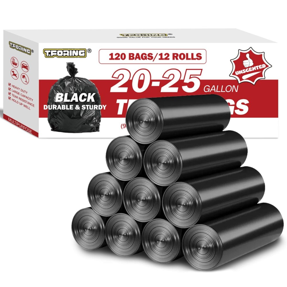 T.FORING Black Trash Bags 20-25 Gallon 120 Count - 30 x 33 Large Kitchen Garbage Bags, 20+ Gallon Trash Can Liners Unscented, Multipurpose for Home, Office, Daily Household Use