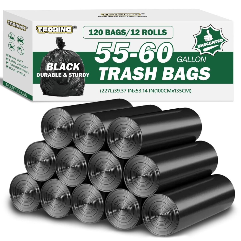 55-60 Gallon Black Trash Bags 120 Count - 40\'\'x53\'\' Extra Large 50+ Gallon Garbage Bags,Unscented Strong Huge Can Liners for Construction Industrial Yard Outdoor Commercial