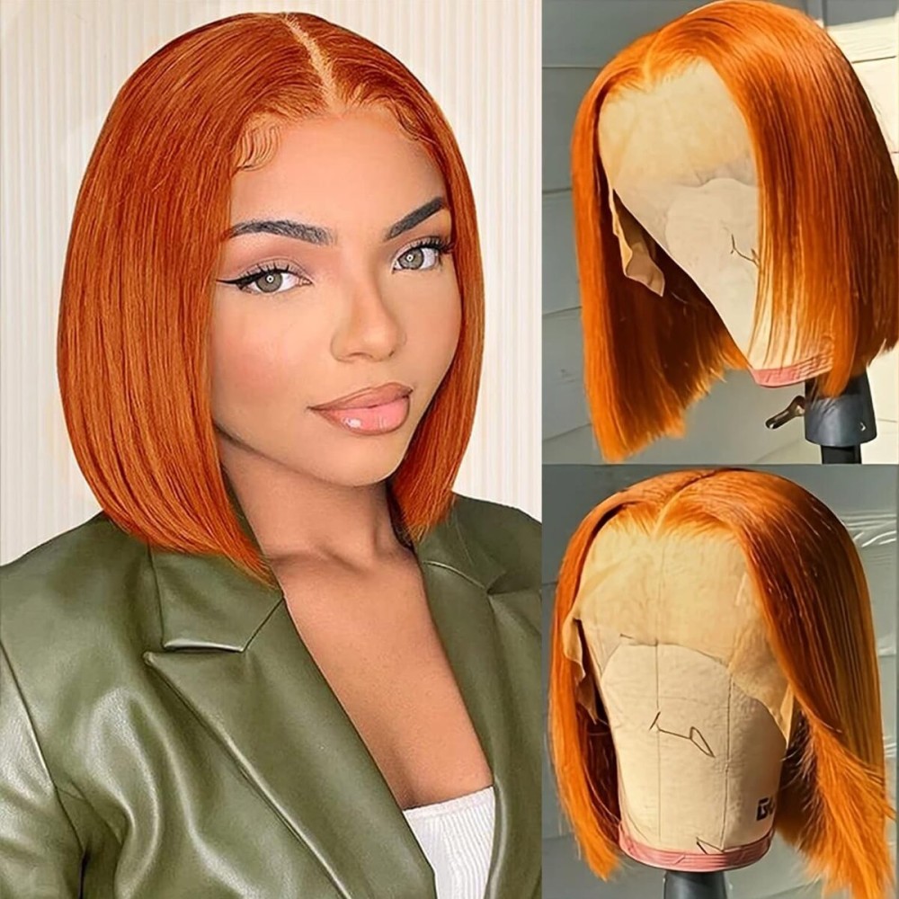 10 Inch Ginger Bob Wig Human Hair for Women 13x4 Lace Front Wigs Human Hair Pre Plucked 180 Density Short Glueless Bob Wigs with Hairline Orange Ginger Straight Lace Frontal wig 350 wig