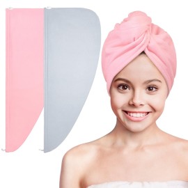 Basumee Microfiber Hair Towel Wrap for Kids 2 Pack Rapid Drying Hair Towel with Button Hair Turbans for Wet Hair Wraps Head Towel Wrap for Women and Girls