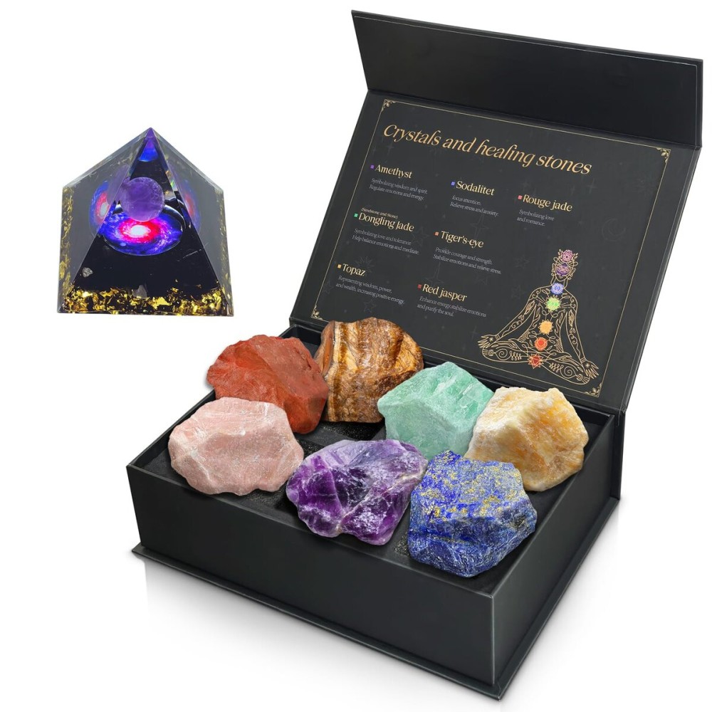 Crystals and Healing Stones Set with Orgonite Pyramid - (2-2.5 inch) Large 7 Chakras Stones, Positive Energy Healing Stones for Meditation Spiritual Protection, Christmas Birthday Gifts for Women
