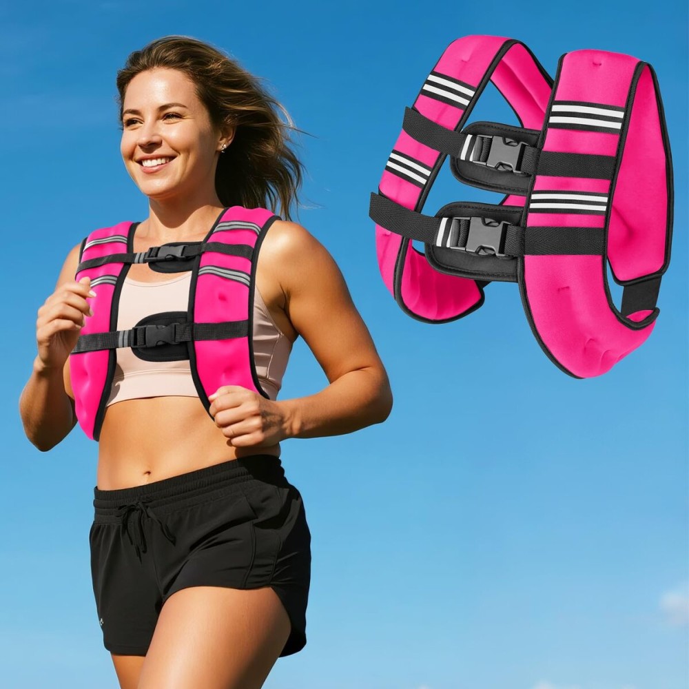 16Lb Pink Weighted Vest with Two Adjustment Straps for Men Women, Weight Vest with Reflective Stripes for Workout, Strength Training, Running, Fitness, Muscle Building, Weight Loss, Weightlifting