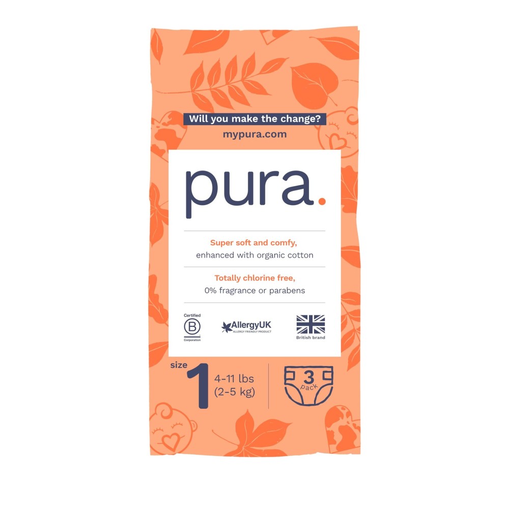Pura Sensitive Skin Newborn Baby Diapers Trial Pack, Size 1 (4-11 lbs), Totally Chlorine Free, Wetness Indicator, Soft & Gentle, Overnight, Hypoallergenic, Plant-Based 3- Diaper Try Me Pack
