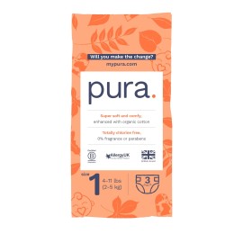 Pura Sensitive Skin Newborn Baby Diapers Trial Pack, Size 1 (4-11 lbs), Totally Chlorine Free, Wetness Indicator, Soft & Gentle, Overnight, Hypoallergenic, Plant-Based 3- Diaper Try Me Pack