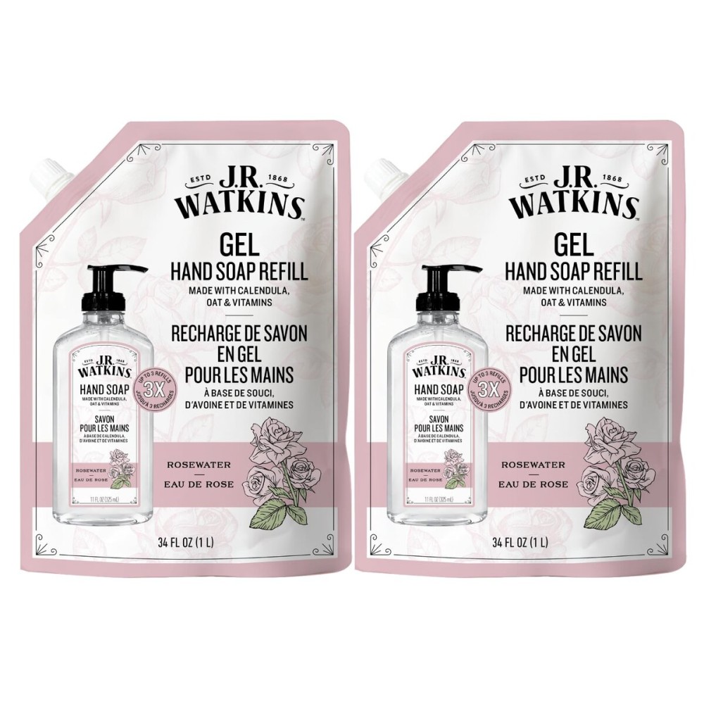 J.R. Watkins Gel Hand Soap Refill, Moisturizing Hand Wash, Formulated with Plant-Based Cleansers, Alcohol-Free, Cruelty-Free, Rosewater, 34 Fl Oz, 2 Pack