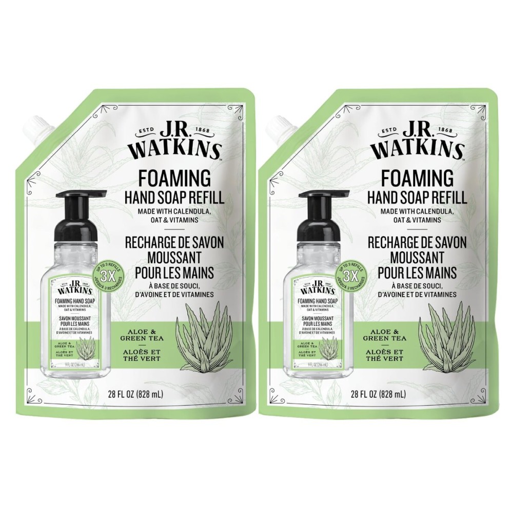 J.R. Watkins Foaming Hand Soap Refill, Moisturizing Foam Hand Wash, Formulated with Plant-Based Cleansers, Alcohol-Free, Cruelty-Free, Aloe & Green Tea, 28 fl oz, 2 Pack