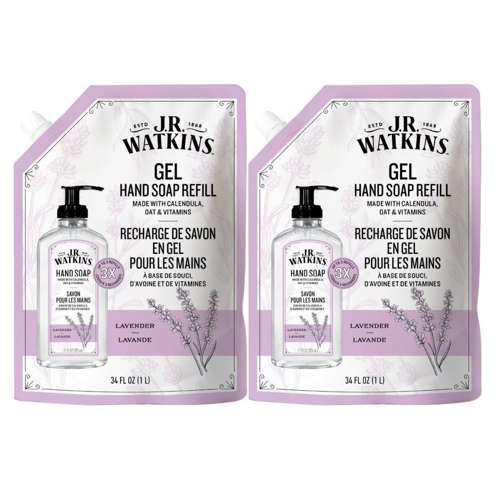 J.R. Watkins Gel Hand Soap Refill, Moisturizing Hand Wash, Formulated with Plant-Based Cleansers, Alcohol-Free, Cruelty-Free, Lavender, 34 Fl Oz, 2 Pack