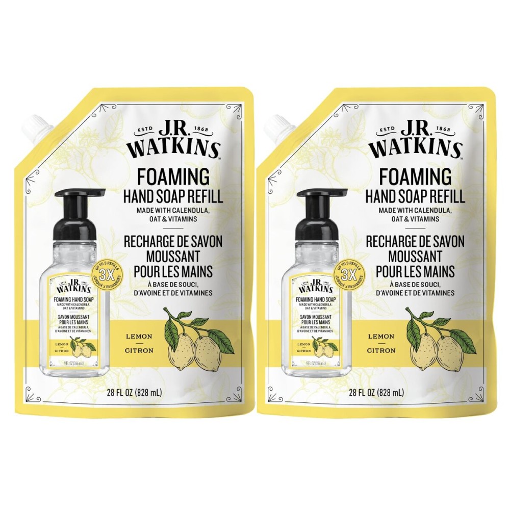 J.R. Watkins Foaming Hand Soap Refill, Moisturizing Foam Hand Wash, Formulated with Plant-Based Cleansers, Alcohol-Free, Cruelty-Free, Lemon, 28 fl oz, 2 Pack