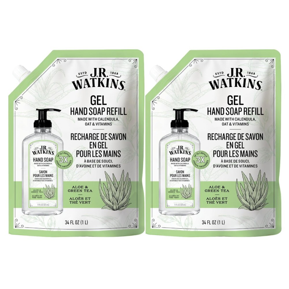 J.R. Watkins Gel Hand Soap Refill, Moisturizing Hand Wash, Formulated with Plant-Based Cleansers, Alcohol-Free, Cruelty-Free, Aloe & Green Tea, 34 Fl Oz, 2 Pack