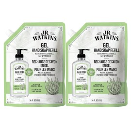 J.R. Watkins Gel Hand Soap Refill, Moisturizing Hand Wash, Formulated with Plant-Based Cleansers, Alcohol-Free, Cruelty-Free, Aloe & Green Tea, 34 Fl Oz, 2 Pack