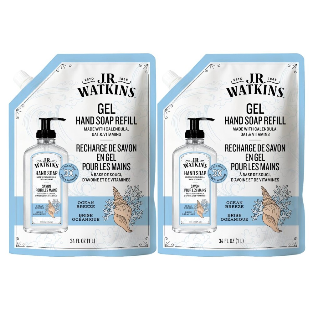 J.R. Watkins Gel Hand Soap Refill, Moisturizing Hand Wash, Formulated with Plant-Based Cleansers, Alcohol-Free, Cruelty-Free, Ocean Breeze, 34 Fl Oz, 2 Pack
