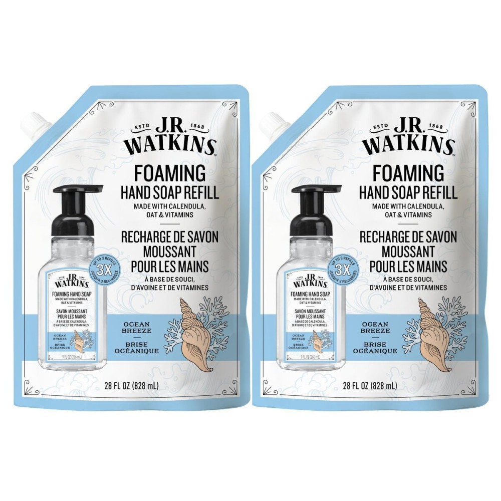J.R. Watkins Foaming Hand Soap Refill, Moisturizing Foam Hand Wash, Formulated with Plant-Based Cleansers, Alcohol-Free, Cruelty-Free, Ocean Breeze, 28 fl oz, 2 Pack