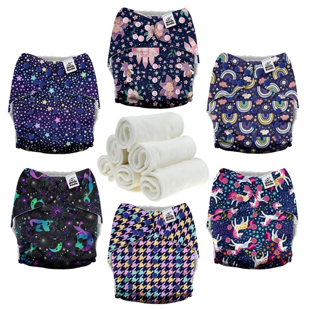 Mama Koala 3.0 Cloth Diapers for Babies with AWJ Lining, 6 Pack with 6 Natural Cloth Diaper Inserts - Reusable and Washable Pocket Diapers (Beautiful Fairy Tale)
