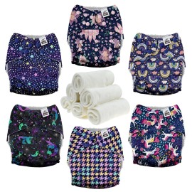 Mama Koala 3.0 Cloth Diapers for Babies with AWJ Lining, 6 Pack with 6 Natural Cloth Diaper Inserts - Reusable and Washable Pocket Diapers (Beautiful Fairy Tale)