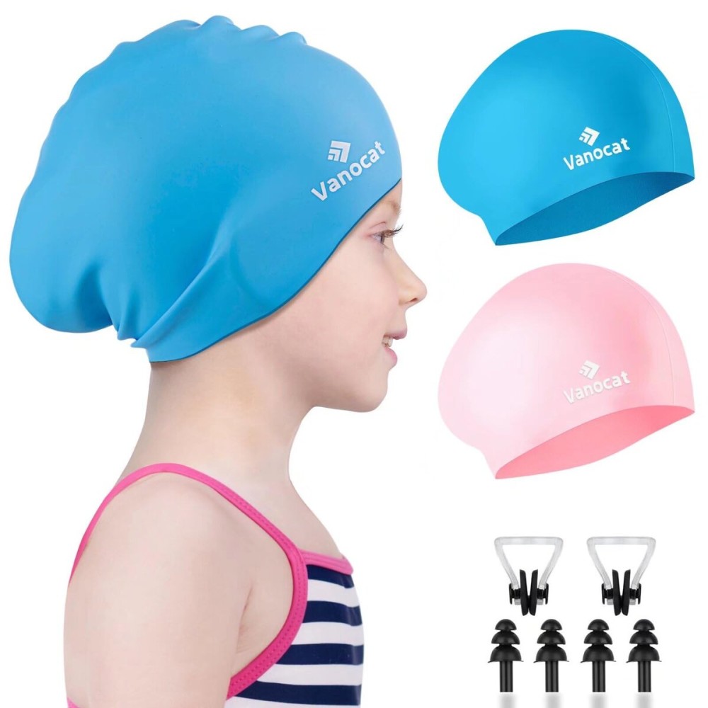 2 Pack Kids Swim Caps for Long/Short Hair, Unisex Silicone Swimming Cap for Age 3-15 Children Toddler Youth Teen, Waterproof Shower Cap Bathing Hats for Girls Boys with Ear Plugs & Nose Clip-3