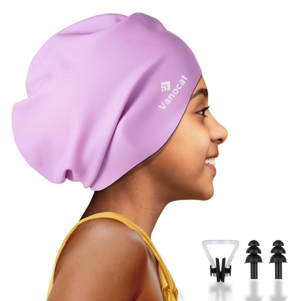 Kids Extra Large Swim Cap for Long Hair, Waterproof Silicone Swimming Caps for Boys Girls Children Youth Teen, Large Swim Hat for Long Thick Curly Hair & Dreadlocks Braids Weaves Afro Hair(Purple)