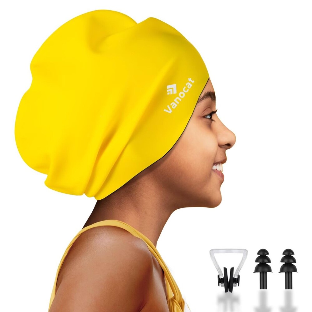 Kids Extra Large Swim Cap for Long Hair, Waterproof Silicone Swimming Caps for Boys Girls Children Youth Teen, Large Swim Hat for Long Thick Curly Hair & Dreadlocks Braids Weaves Afro Hair(Yellow)