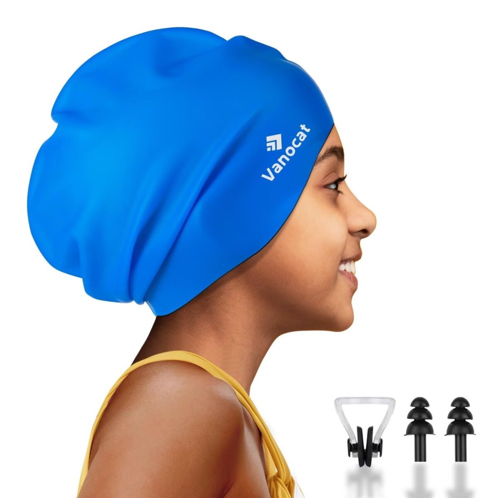 Kids Extra Large Swim Cap for Long Hair, Waterproof Silicone Swimming Caps for Boys Girls Children Youth Teen, Large Swim Hat for Long Thick Curly Hair & Dreadlocks Braids Weaves Afro Hair(Blue)
