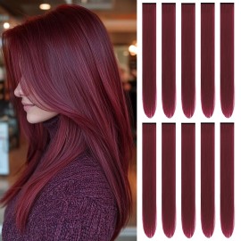 TOFAFA 22 inch Burgundy Hair Extensions, Colored Party Highlights Clip in Synthetic Cherry Red Hair Extensions, Colorful Long Straight Hairpieces for Girls Women Kids Favor Gift(10 PCS Wine Red)