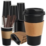RACETOP 16 oz Paper Coffee Cups, 100 Pack Black Disposable Coffee Cups with Lids, Sleeves and Stirring Sticks, 16 oz Hot Coffee Cup for Hot Drinks, Parties, Picnic, Travel, and Events