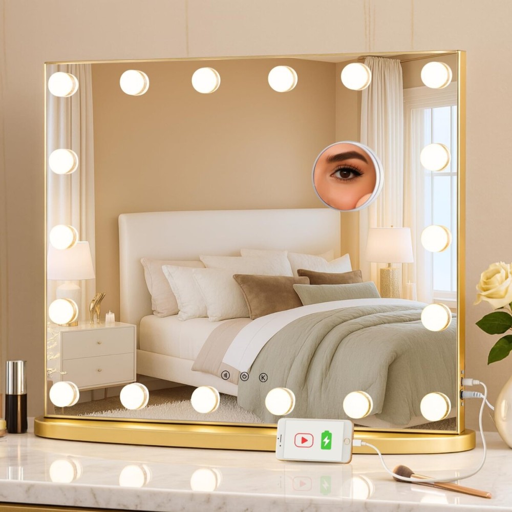 LUXFURNI 23.6 L Hollywood Vanity Mirror with Lights, Light Up Makeup Mirror with 18 LED Bulbs for Bedroom, 3 Color Lighting Modes, Tabletop