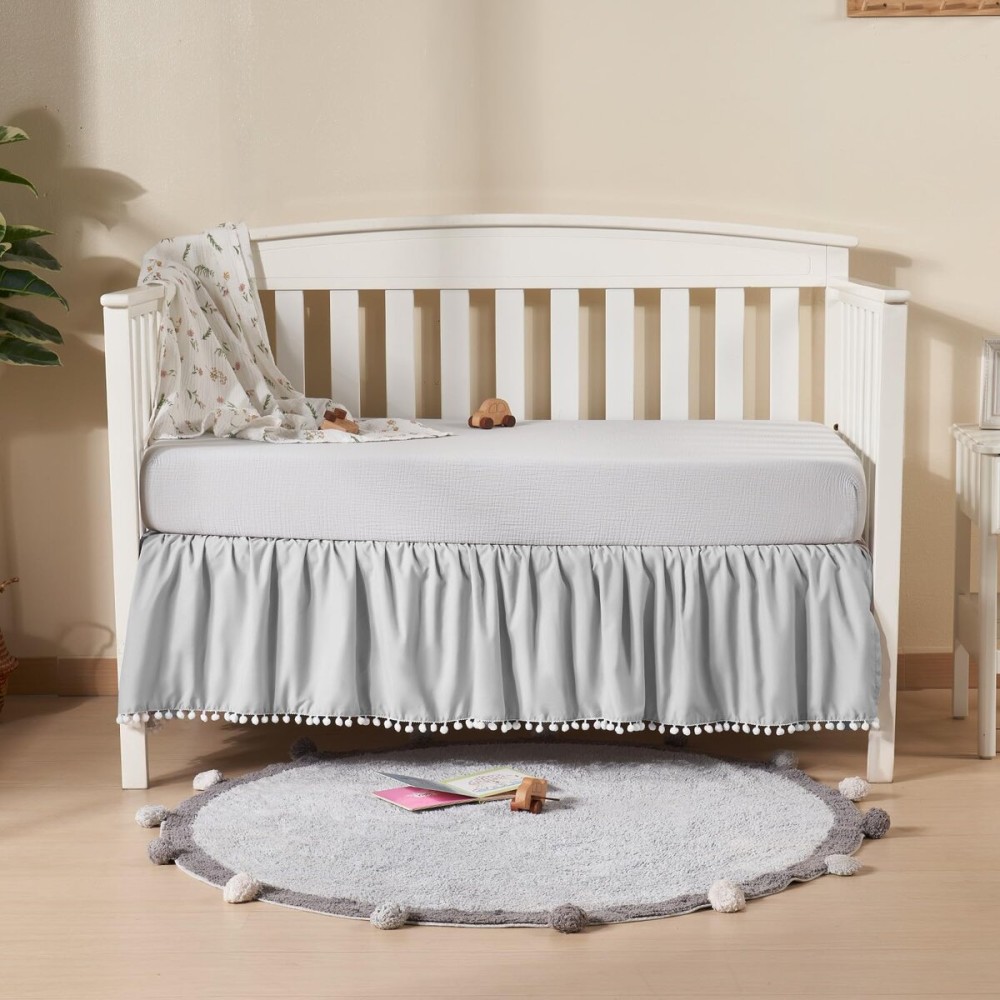 TILLYOU Baby Crib Skirt Girls Boys, Ruffled Bed Skirt with Pompoms, 28x 52, 14\'\' Drop, Gray