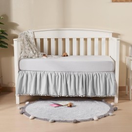 TILLYOU Baby Crib Skirt Girls Boys, Ruffled Bed Skirt with Pompoms, 28x 52, 14\'\' Drop, Gray