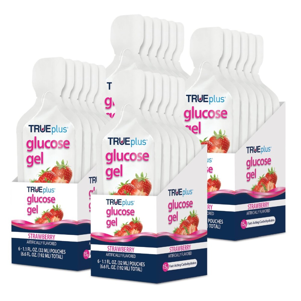 TRUEplus Glucose Gel Pouch, Strawberry Flavor, 15g Fast-Acting Carbohydrates, Fat Free, Gluten Free, Quick Support for Low Blood Sugar and Energy, 24 Pack