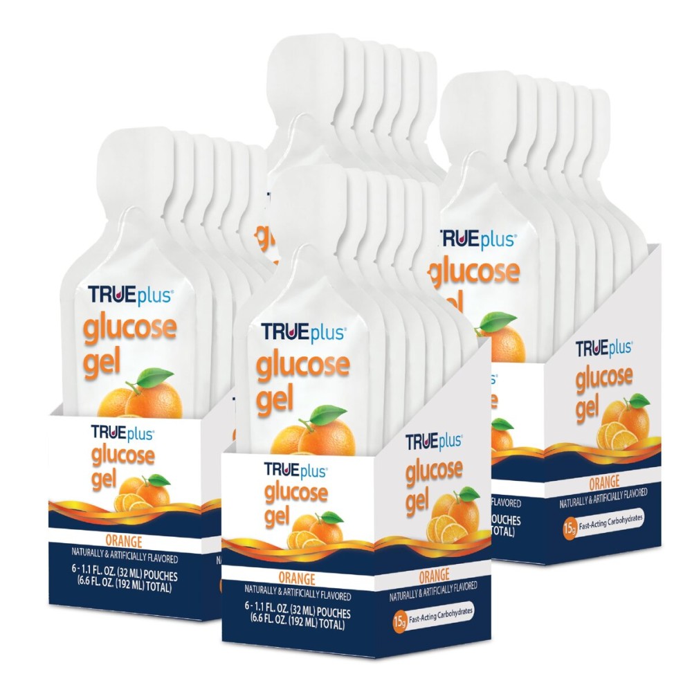 TRUEplus Glucose Gel Pouch, Orange Flavor, 15g Fast-Acting Carbohydrates, Fat Free, Gluten Free, Quick Support for Low Blood Sugar and Energy, 24 Pack