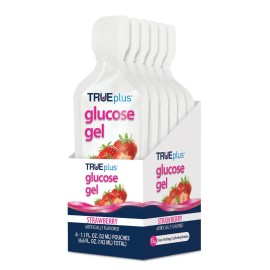 TRUEplus Glucose Gel Pouch, Strawberry Flavor, 15g Fast-Acting Carbohydrates, Fat Free, Gluten Free, Quick Support for Low Blood Sugar and Energy, 6 Pack