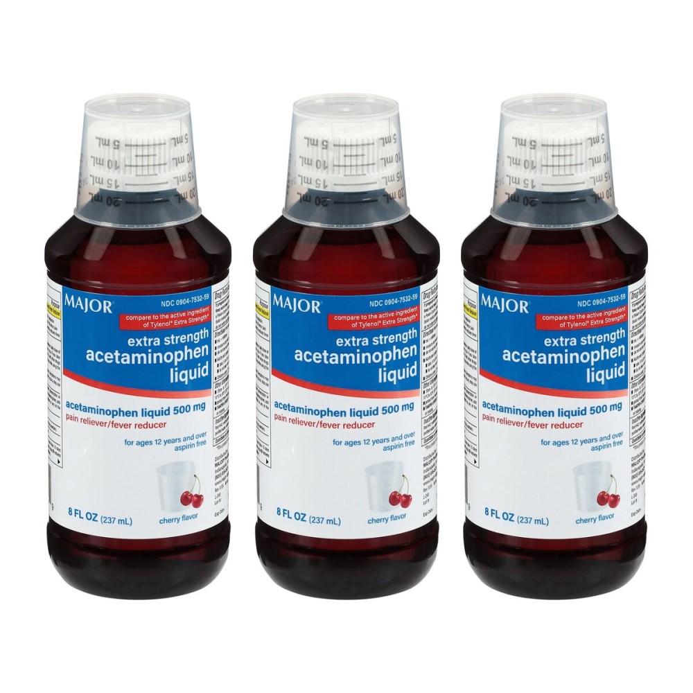 MAJOR Adult Extra Strength Liquid Acetaminophen 500mg - Helps Relieve Pain and Reduce Fevers - Aspirin Free - Cherry Flavor - 8 Fl Oz (3 Pack)