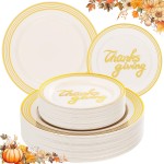 Supernal 60pcsThanksgiving Plastic Plates Disposable Heavy duty,Fancy Disposable Plates,Ivory Plastic Plates with Gold Trim Include 30 Dessert&Dinner Plato for Fall,Party and thanksgiving dinner