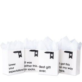 Loveinside Christmas Medium Size Gift Bags Set, Funny Quirky Design with Bold Black Text Pattern with Tissue Paper Perfect for Shopping, Parties, Birthday, Holiday, 4 Pack, 7 X 4 X 9